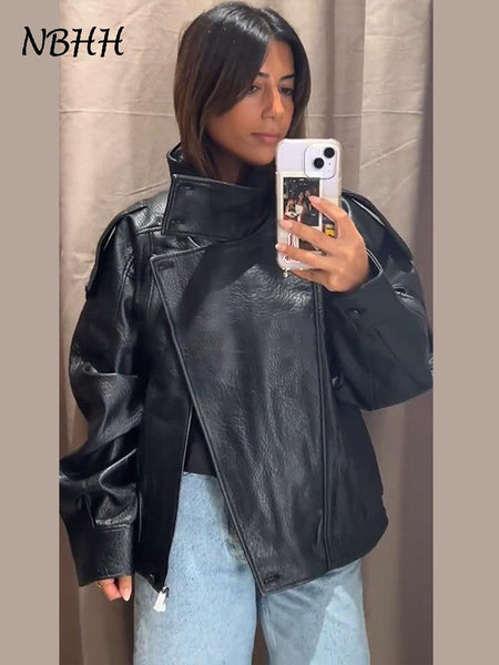 Street Stand Collar Women's Leather Jacket Loose Long Sleeve Zipper Pockets Chic Female Coats 2025 Autumn Winter Lady Outerwear