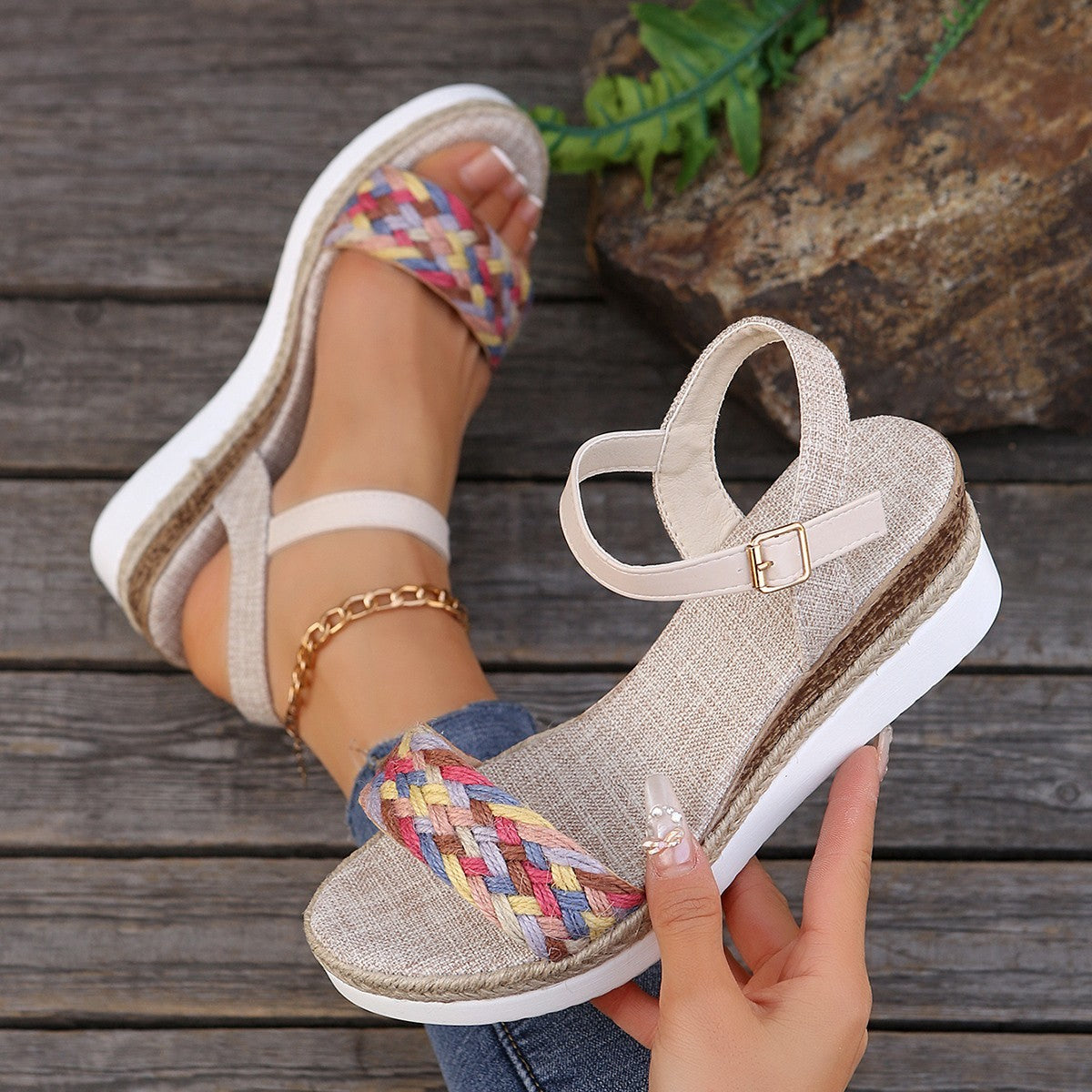 Summer Women's High Heel Sandals Heel Large Size Colorful Braided Rope Sandalias De Mujer Outdoor Versatile Zapatillas De Mujer