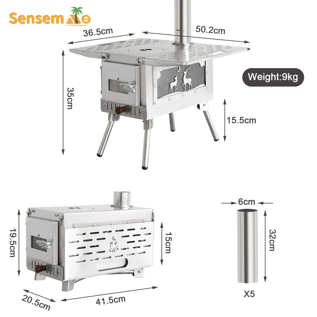 Hot Tent Wood Burning Stove Folding Stainless Steel 5-Section Chimney Outdoor Camping Wood Heater with Cooking Wing Panels