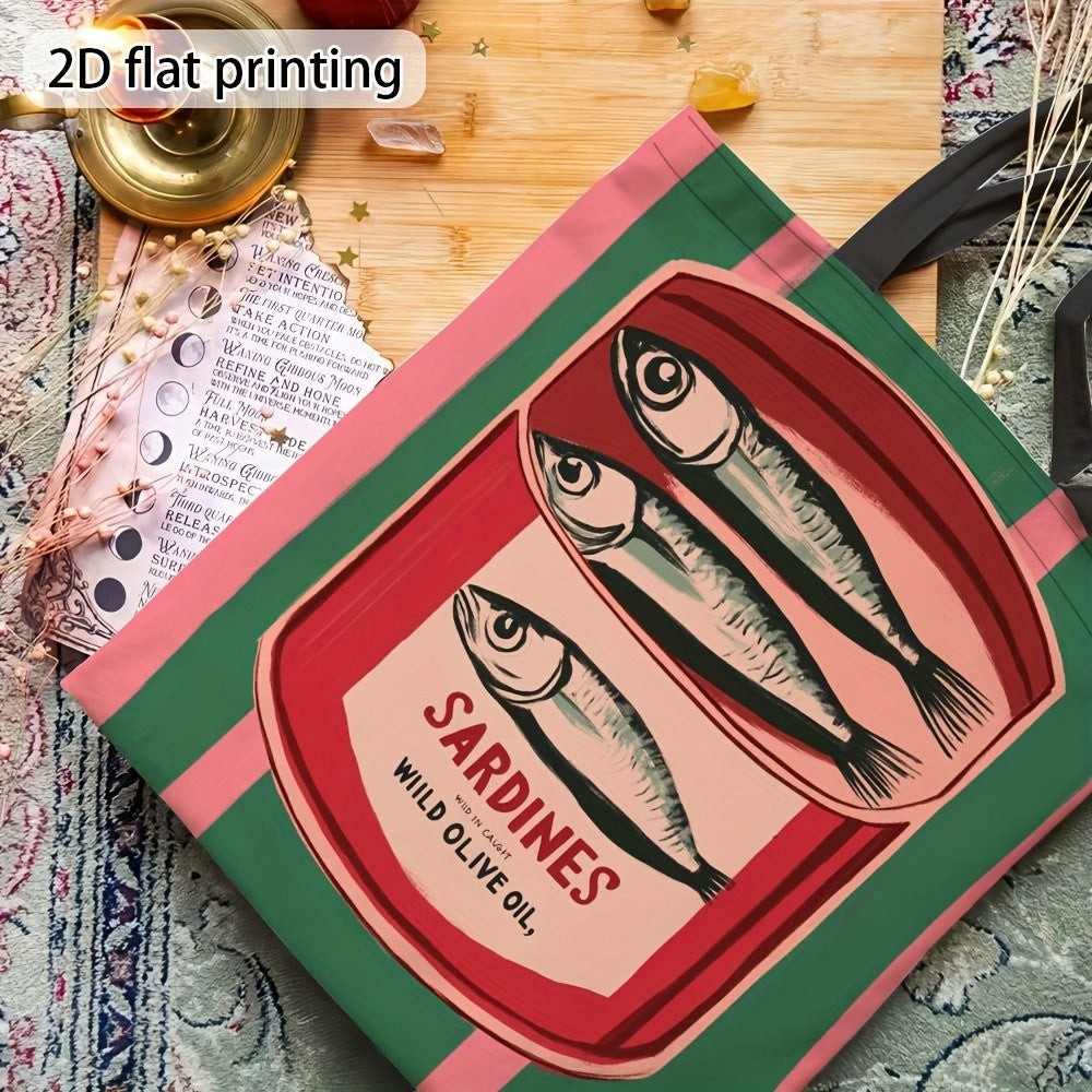 1pc Canned Sardines Durable Polyester Tote Bag - High-Quality Printed Design, Ideal for Work, Travel