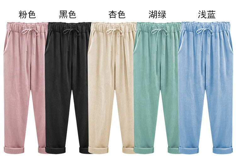 Cotton Linen Pants, Elastic Mid Waist Ankle Length Pant, Casual Women Loose Spring Pants, Female Slacks Size M-5XL 6XL 7XL 8XL