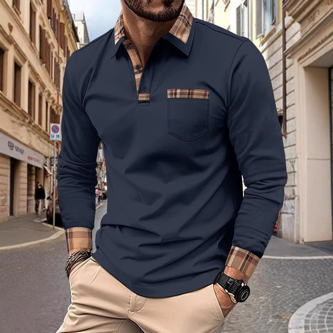 New  men's casual spring and fall fashion plaid lapel long sleeve pocket comfortable party outdoor top polo shirt