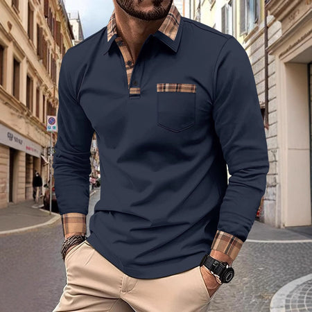 New  men's casual spring and fall fashion plaid lapel long sleeve pocket comfortable party outdoor top polo shirt