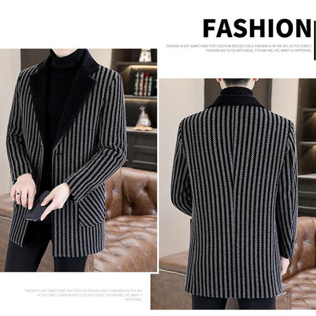Classic Autumn Winter Men's Mid-Length Woolen Coats Casual Striped Overcoat Outwear Windbreaker Business Warm Long Jackets