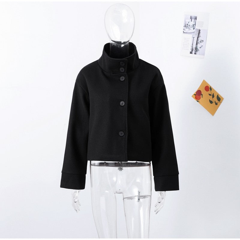 Elegant Stand Collar Woolen Jacket For Women Y2K Single Breasted Button Pockets Coat Lady 2025 Autumn Winter Street Chic Outwear