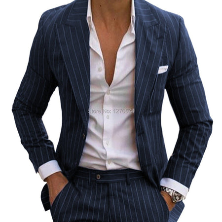 Slim Fit Pinstripe Smoking Suit for Men Peaked Lapel Tuxedo 2-Piece Blazer And Pants Wedding Groomsmen Formal Wear