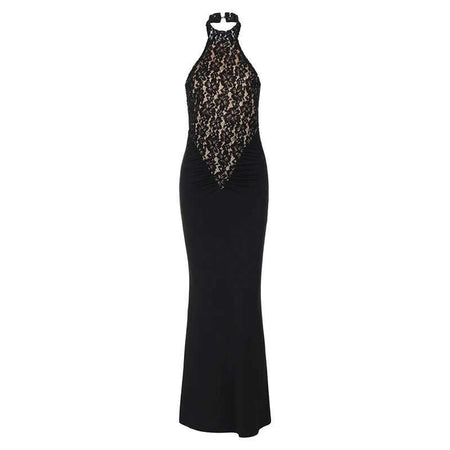 Mozision Lace Halter Backless Sexy Maxi Dress For Women Black Off-shoulder Strapless Sleeveless Bodycon Club Party Long Dress