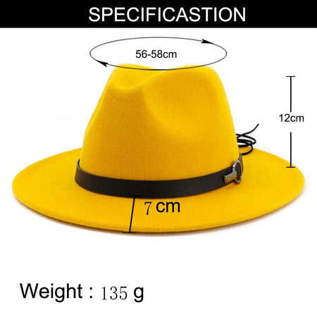 QBHAT Women Men Wide Brim Wool Felt Jazz Fedora Hats Panama Style Cowboy Trilby Party formal Dress Hat Large Size Yellow white