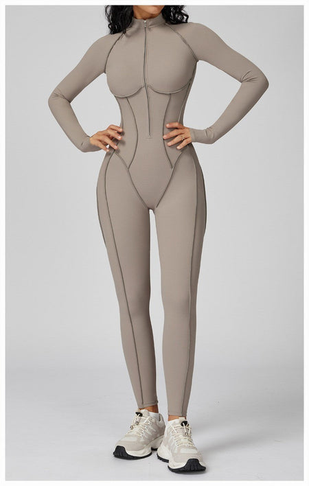 Women's Yoga Jumpsuit Long Sleeved Stand Collar Half Zip High-Intensity Workout One Piece Contrast Color Gym Fitness BodySuit