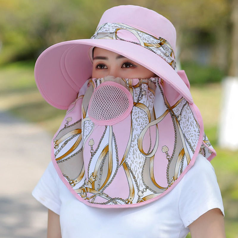 Summer Women Outdoor Print Fisherman Hat UV Protection Wide Brim Garden Work Shade Hat Breathable Face Mask Detachable Sunhat
