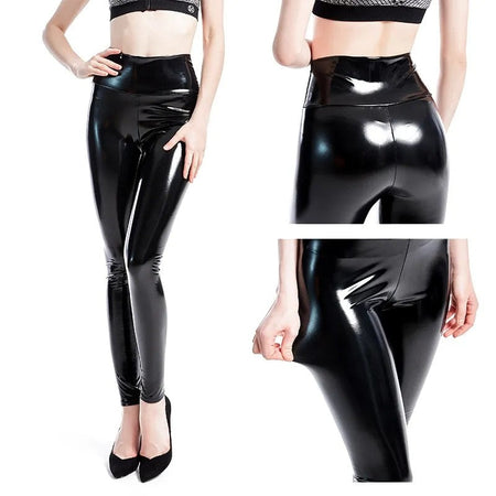 Push Up Women Black Leggings High Waist Elastic PU Leather Skinny Pants Shiny Wet Look Metallic Latex Ankle-Length Bottom