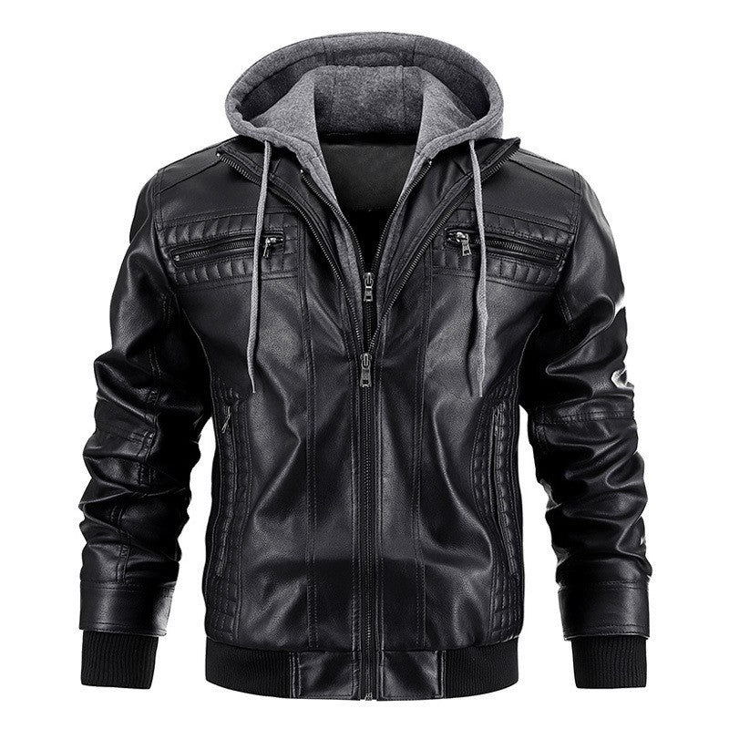 Men's PU Leather Jacket Hooded Motorcycle Slim Fit Casual Coats Men Autumn Winter Windproof Hat Detachable Biker Leather Outwear