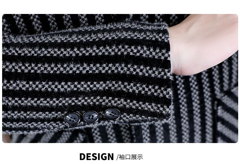 Classic Autumn Winter Men's Mid-Length Woolen Coats Casual Striped Overcoat Outwear Windbreaker Business Warm Long Jackets