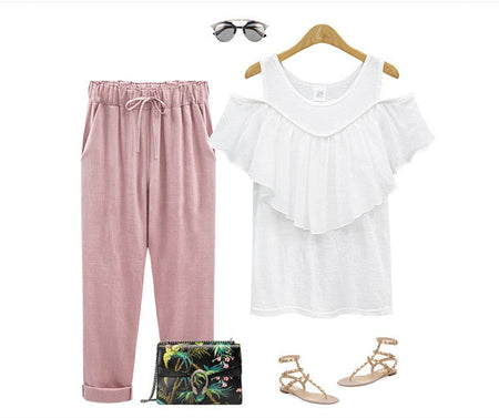 Cotton Linen Pants, Elastic Mid Waist Ankle Length Pant, Casual Women Loose Spring Pants, Female Slacks Size M-5XL 6XL 7XL 8XL