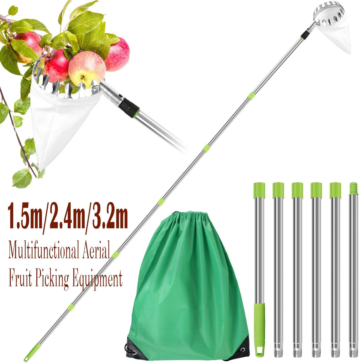 3.2M Fruit Picker Tool Metal Gardening Orchard Picking Tool with Storage Bag Fruit Catcher for Cherry Berry Orange Lemon Pear