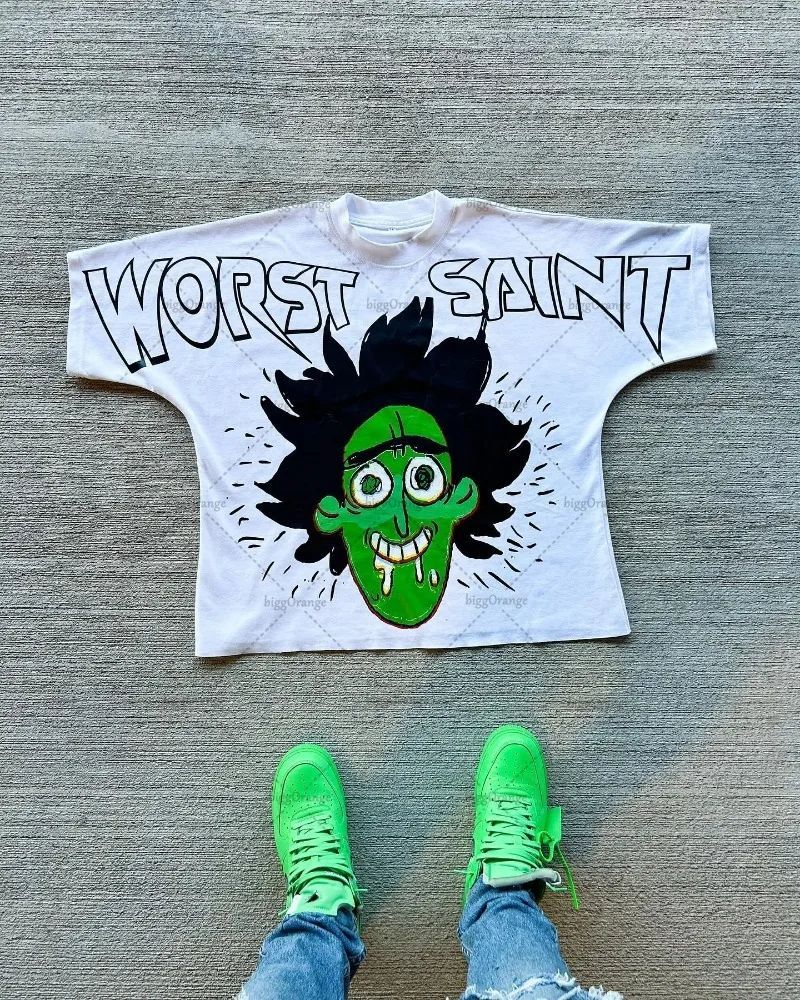American Hip-hop Anime Print Oversized T-shirt Men Retro Trendy Streetwear Top Pure Cotton Round Neck Casual Loose Short Sleeves