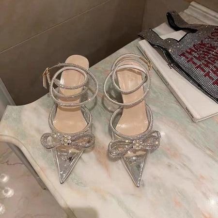 2025 New Fashion Glitter Rhinestones Women Pumps Crystal Bowknot Silk Pointed Toe Buckle Strap Thin High Heels Party Prom Shoes