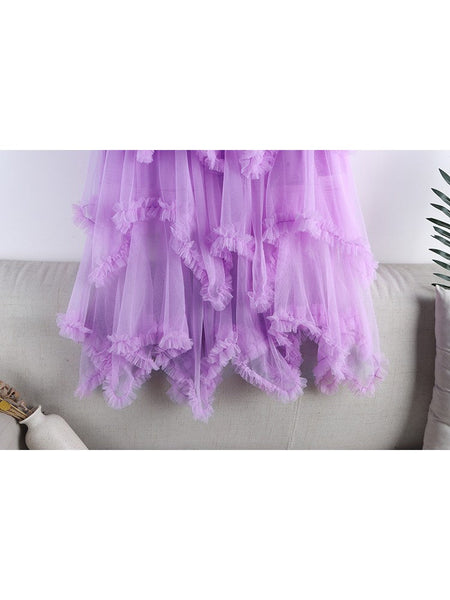 TIGENA Tutu Tulle Long Skirt for Women 2023 New Summer Korean Aesthetic Cute Irregular Mesh High Waist Maxi Skirt Female Purple