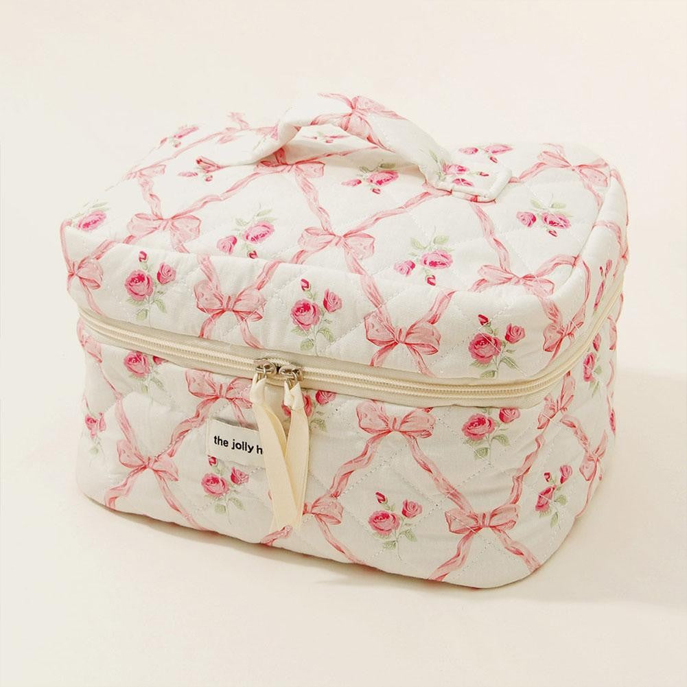 Cute Bow Flower Cloth Handbag Quilting Cotton Makeup Bag Women Zipper Cosmetic Organizer Portable Toiletry Case for Girls