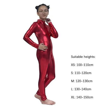 Kids Shiny Full Body Zentai Suit Metallic Tight Jumpsuit Halloween Cosplay Stage Performance Costume for Girls Boys