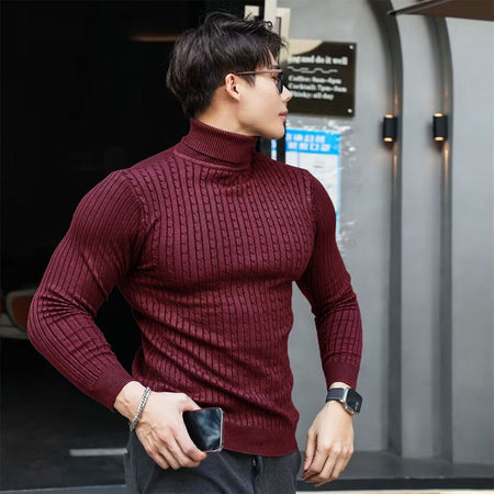 New Men's Turtleneck Sweaters Autumn Knitted Striped Streetwear Warm Long Sleeved Pullover Solid Color Basic Style Casual Tops