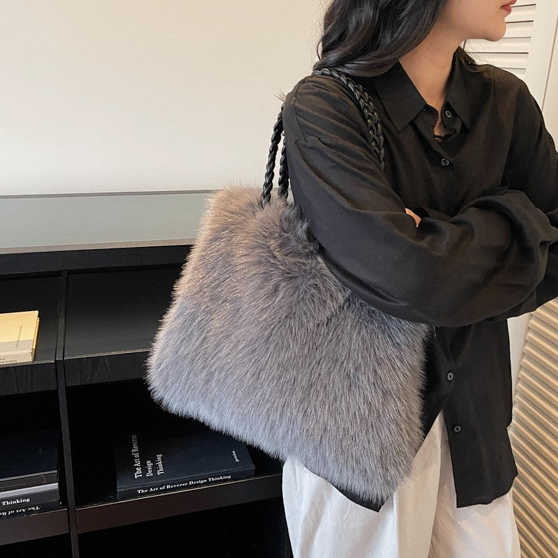 LEFTSIDE Faux Fur Women Shoulder Bags 2025 Luxury Brand Designer Plush Handbags and Purses Soft Warm Winter Underarm Bag