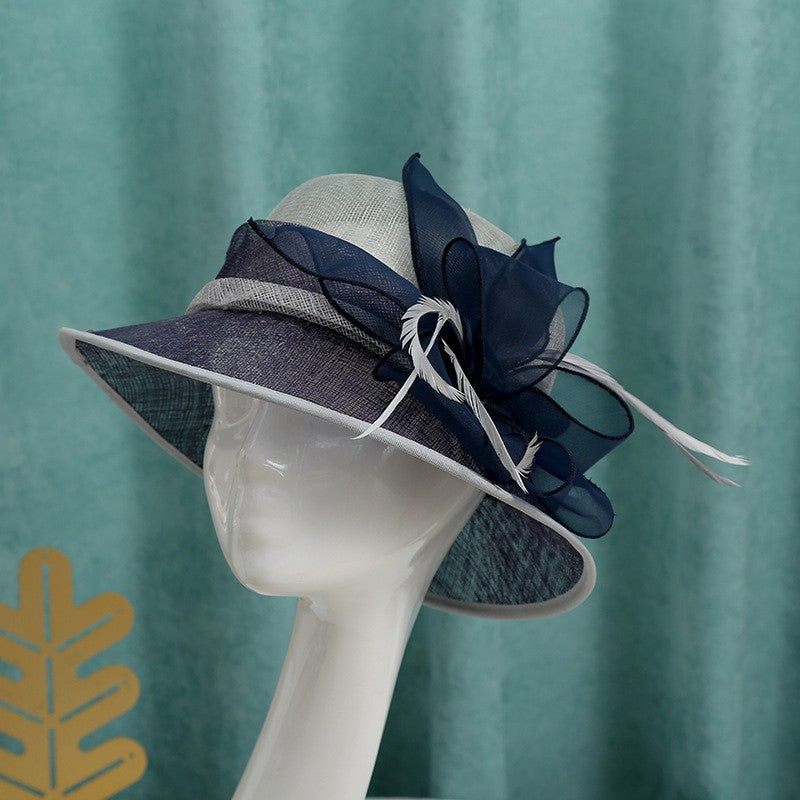 Double hemp yarn pattern design feather accessories big brim sun hat elegant banquet hat wedding beach vacation equestrian hat