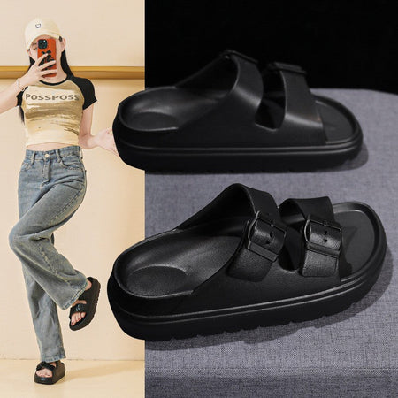 Bebealy Summer Breathable Soft-soled Beach Shoes Women Outdoor Double Buckle Embellished Sandals Non-slip Thick Sole Slippers