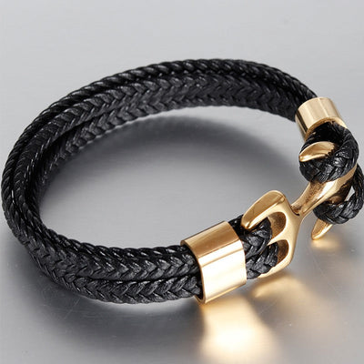 Punk Stainless Steel Anchor Bracelets Genuine Leather Bracelet & Bangles for Men Jewelry Black Color Fashion Gift