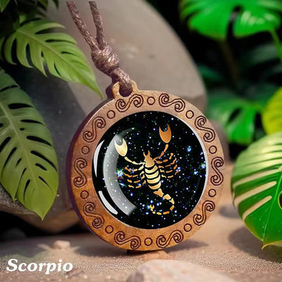 Vintage 12 Zodiac Sign Glass Wooden Necklace Adjustbale Long Rope Chain Necklace Constellation Jewelry