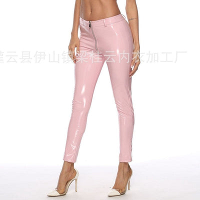 Push Up Women Black Leggings High Waist Elastic PU Leather Skinny Pants Shiny Wet Look Metallic Latex Ankle-Length Bottom