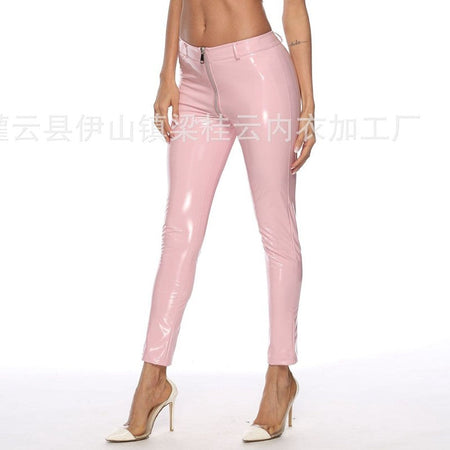 Push Up Women Black Leggings High Waist Elastic PU Leather Skinny Pants Shiny Wet Look Metallic Latex Ankle-Length Bottom