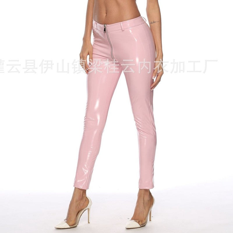 Push Up Women Black Leggings High Waist Elastic PU Leather Skinny Pants Shiny Wet Look Metallic Latex Ankle-Length Bottom