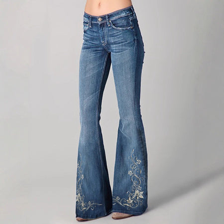 Women's Floral Embroidered High Waist Flared Jeans Vintage Boho Wide Leg Denim Pants for Party and Daily Outfits