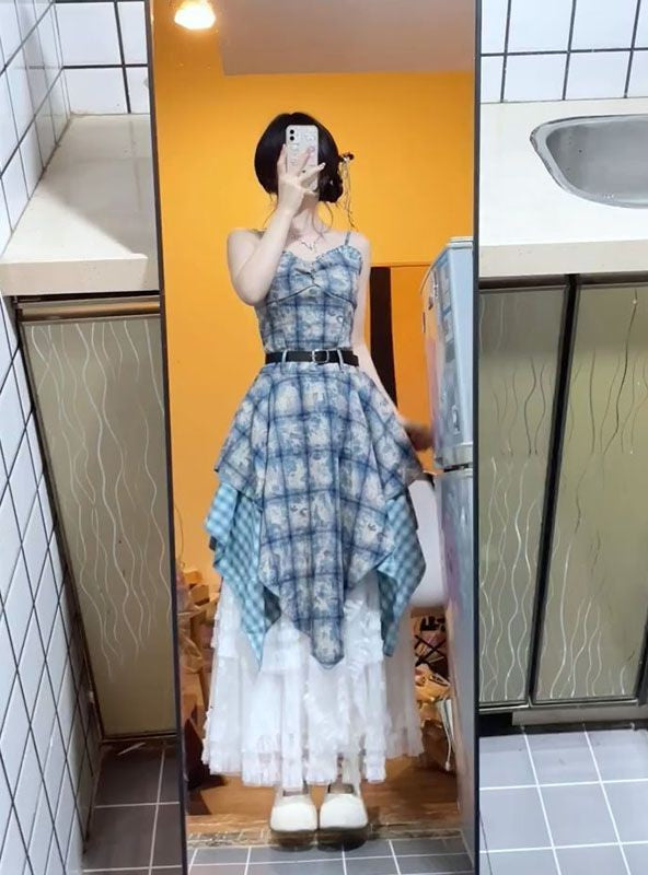 Watercolor Gingham Slip Dress Women 2025 Summer Sweetheart Aesthetic Asymmetric Tie Waist A Line Dreamcore Romance