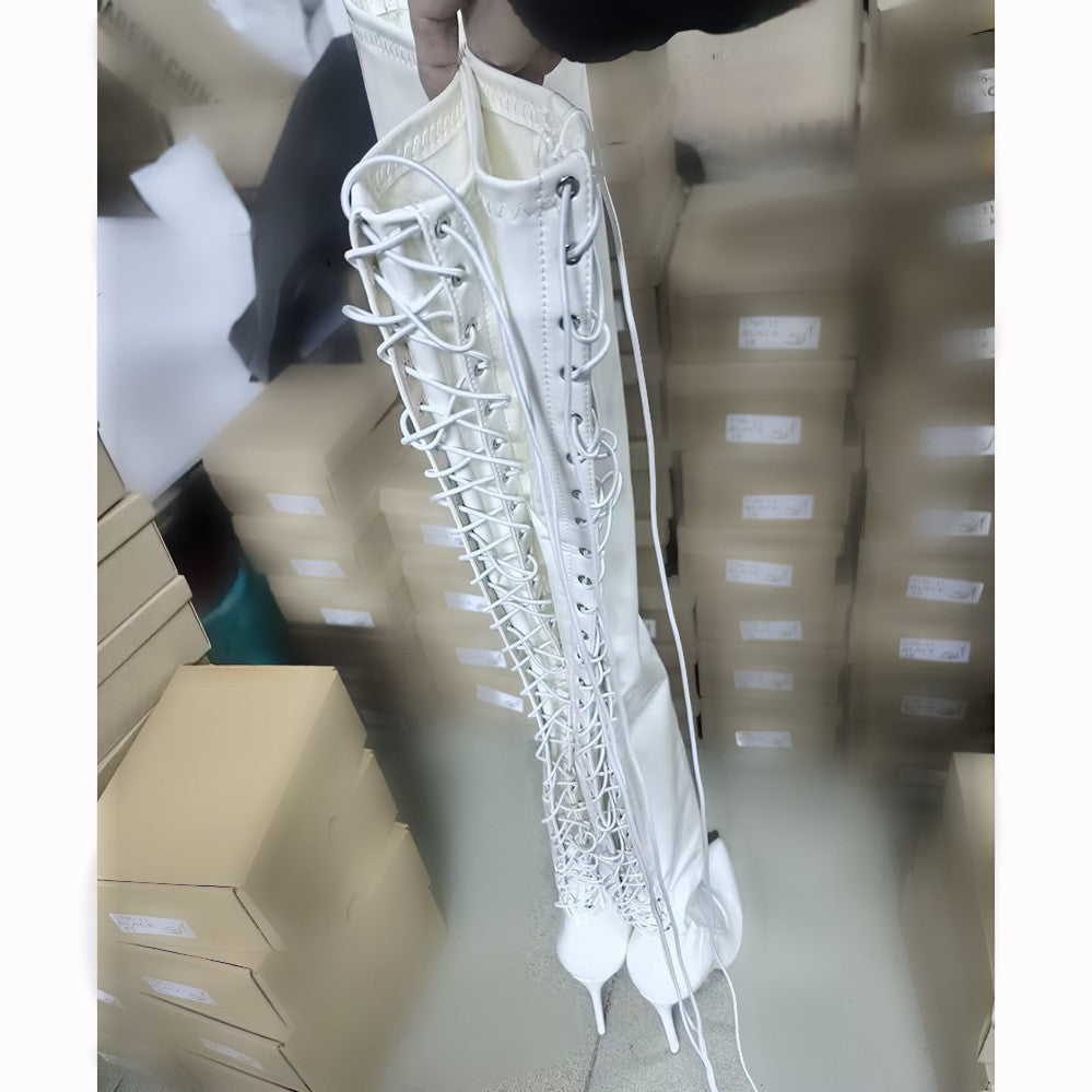 13CM Thin Heel Black Lace-up Over the knee Boots Woman Fetish Pointy Toe Boots Elastic Leather Thigh High Sexy Women Party Shoes