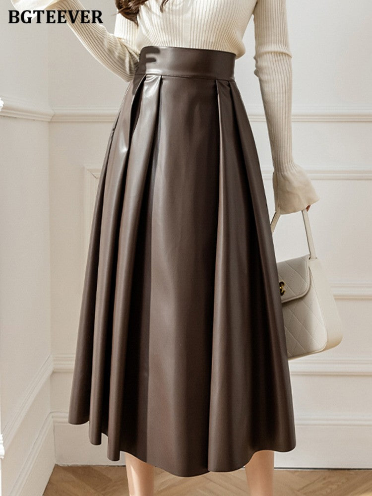 BGTEEVER Spring Autumn Loose PU Leather A-line Skirts Women Elegant High Waist Pleated Faux Leather Skirts Female