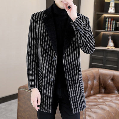 Classic Autumn Winter Men's Mid-Length Woolen Coats Casual Striped Overcoat Outwear Windbreaker Business Warm Long Jackets