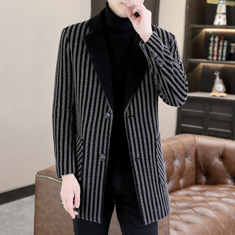 Classic Autumn Winter Men's Mid-Length Woolen Coats Casual Striped Overcoat Outwear Windbreaker Business Warm Long Jackets