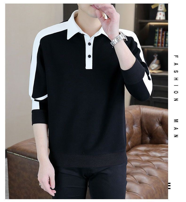 Contrast Patchwork Plus Size Korean Hoodies Sweatshirts Men Clothes Spring Autumn Polo Neck Long Sleeve Casual Top Fashion Trend