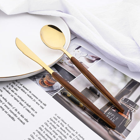 16/24/36Pcs Dinnerware Set Stainless Steel Imitation Wooden Handle Clamp Western Knife Fork Spoon Cutlery Tableware Silverware