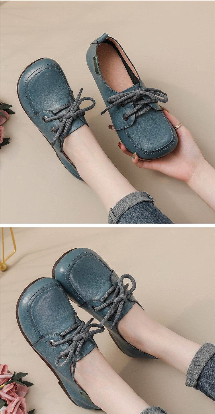 Vintage Plain Oxfords Shoes Women's Genuine Leather Flats Ladies Laced Up Moccasins Elderly Woman Square Toe Driving Loaferss