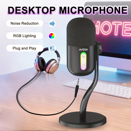 Aveek USB Condenser Microphone, Gaming Studio Microphone Mic For PC, PS4, PS5 And Mac, Tap-to-Mute Sensor, Noise Cancelling RGB