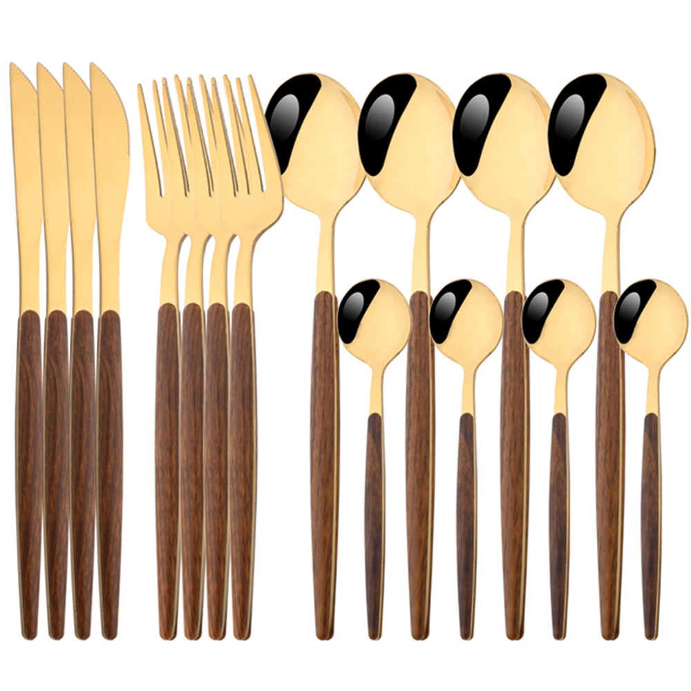 16/24/36Pcs Dinnerware Set Stainless Steel Imitation Wooden Handle Clamp Western Knife Fork Spoon Cutlery Tableware Silverware