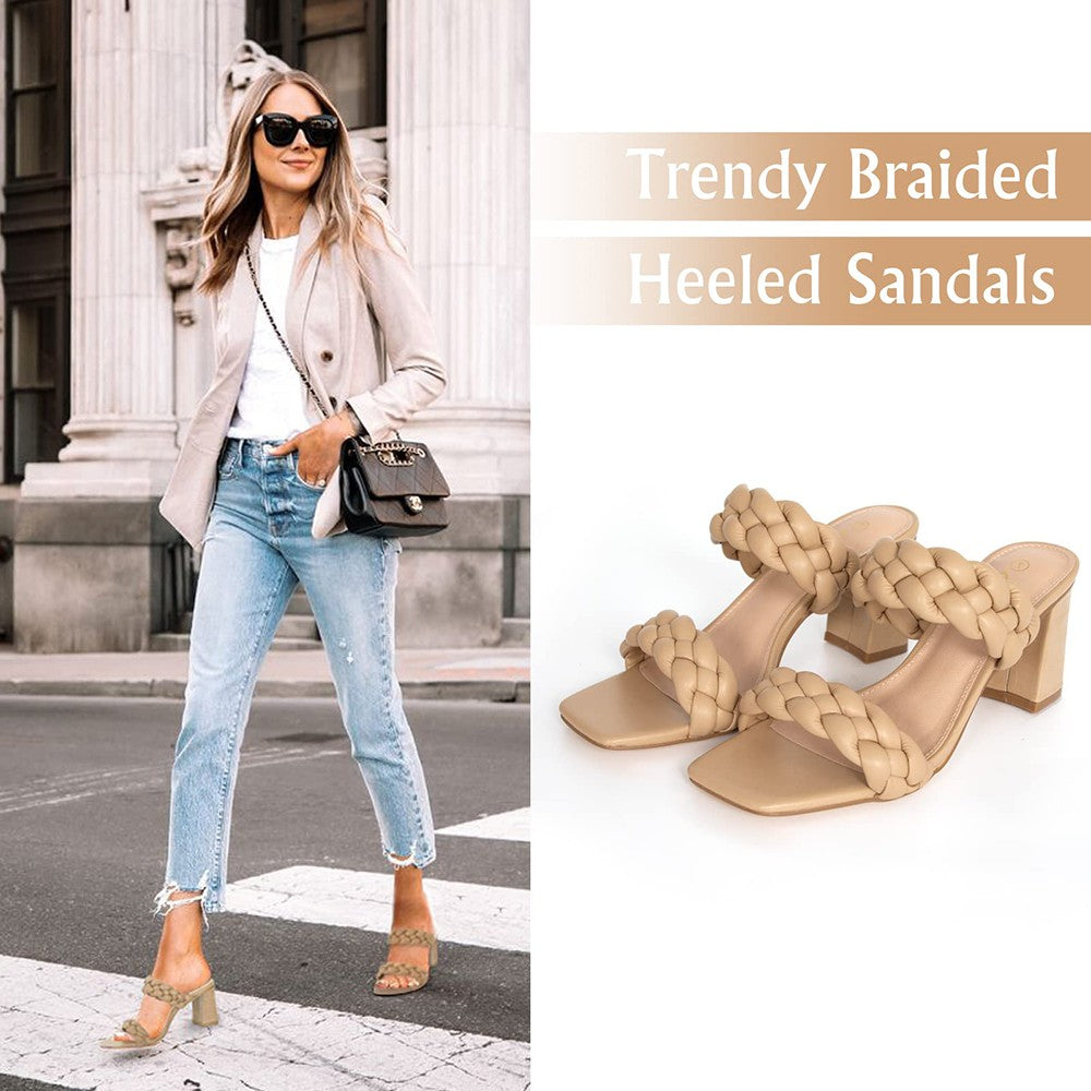 Elegant Women's Braided Heels Sandalias Fashion Strappy Square Sandals Open Toe Backless Mules Slip On Block Heeled Shoes