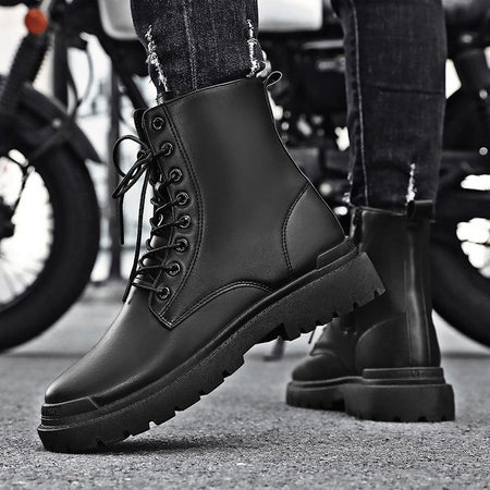 Black Men's Casual Leather Boots Fashion Winter Men Work Boot Mens Shoes Non-slip Designer High Top Ankle Boots Motorcycle Shoes