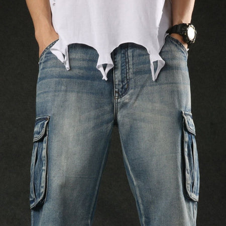 2025 new European and American multi pocket work pants, seven quarter denim shorts, men's wide leg loose oversized trendy brand