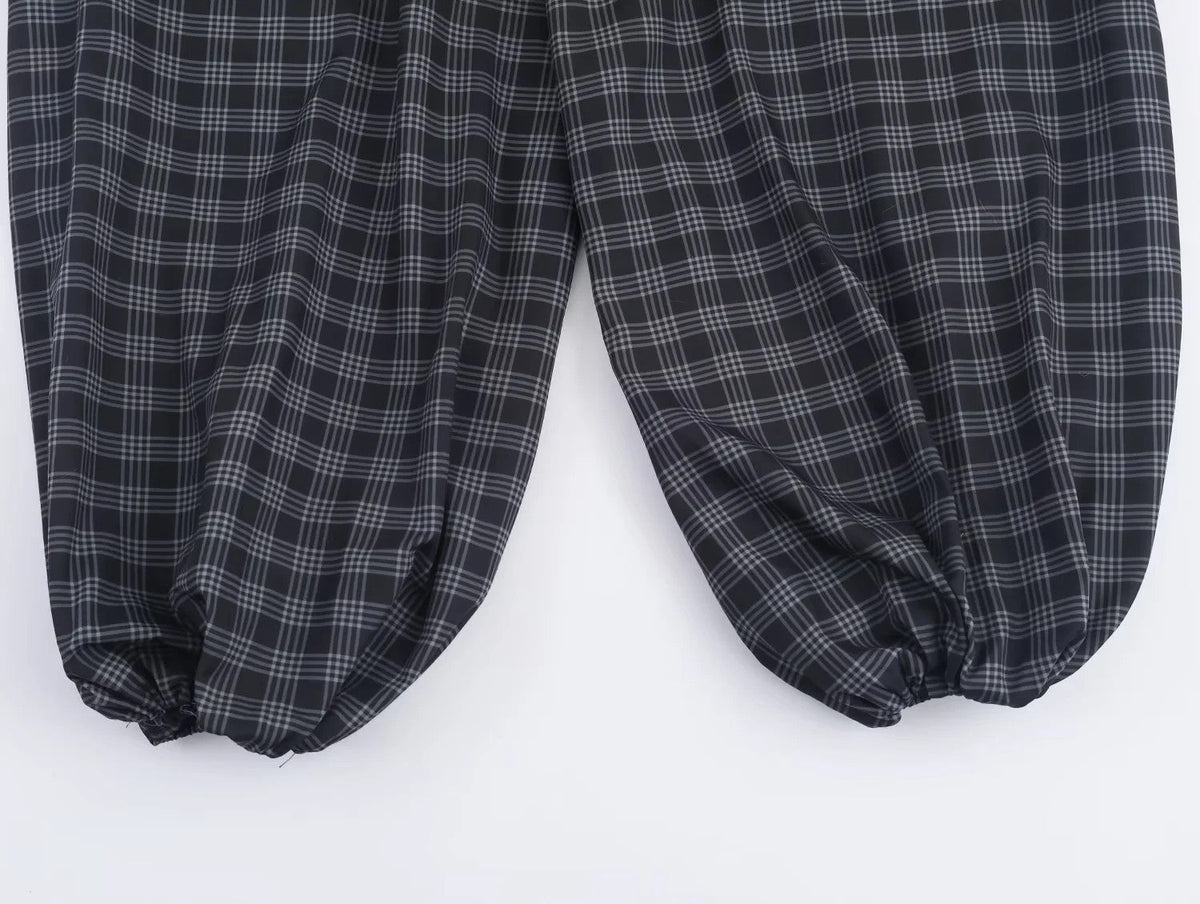 Women's 2025 Autumn Fashion Versatile Ramie Bloomers Plaid Printed Loose Pants Female High-Waist Drawstring Casual Trousers
