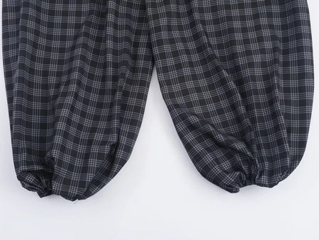 Women's 2025 Autumn Fashion Versatile Ramie Bloomers Plaid Printed Loose Pants Female High-Waist Drawstring Casual Trousers