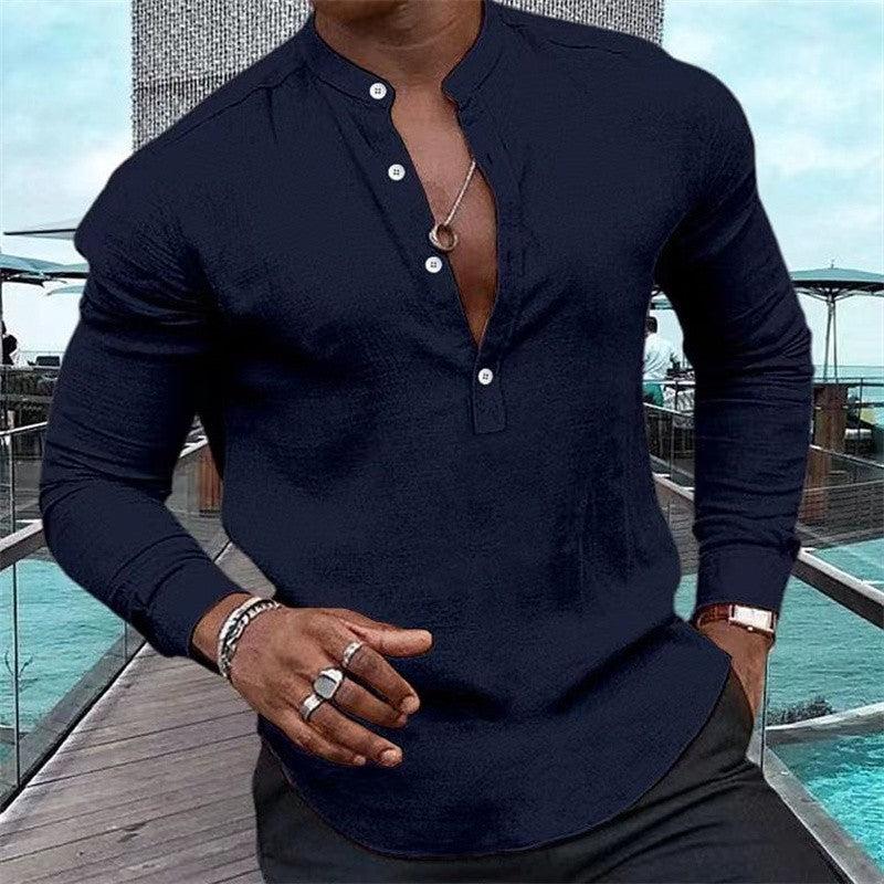 Fashion Men's Long Sleeve Solid Color Half Cardigan Henley Collar Shirt Pink Long Sleeve Hawaiian Vacation Shirt Summer Casual